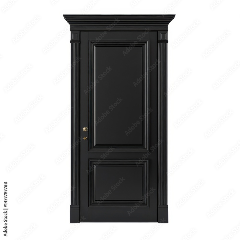 Elegant black door isolated on white background, with classic design Elegant black door isolated on white background, with classic design