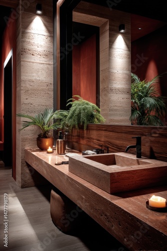 Bathroom wall and floor design made of red travertine