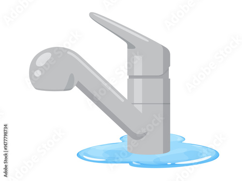 キッチンの水道が故障して水漏れしたイラスト