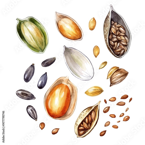 Seeds, watercolor vector, isolated on a white background.