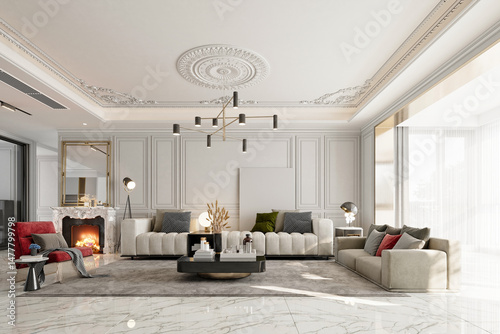 luxury home interior living room, dining room. 3d render.