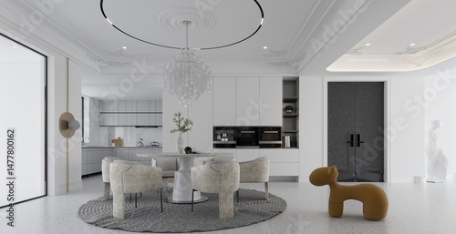 luxury home interior living room, dining room. 3d render.