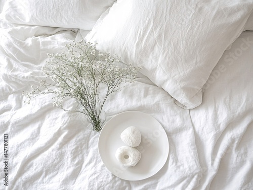 Unmade Bed with Wrinkled White Sheets and Soft Pillows in Cozy Lighting photo