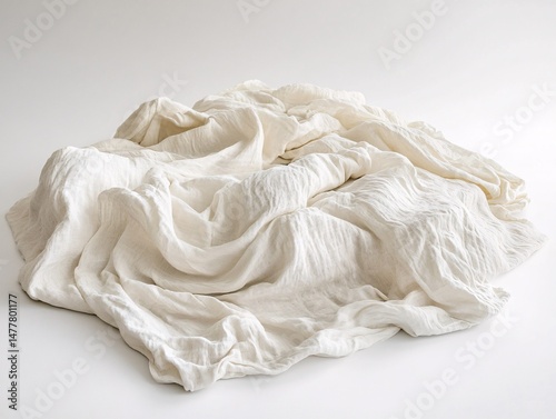 Unmade Bed with Wrinkled White Sheets and Soft Pillows in Cozy Lighting photo
