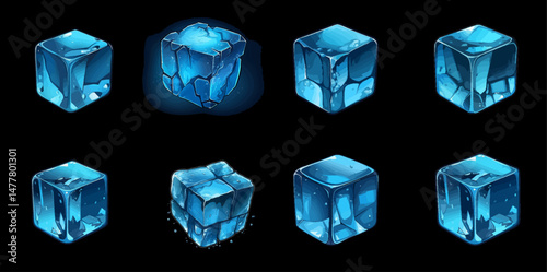 Vector set of stylized blue ice cubes with reflections and cracks, isolated on black background. Perfect for beverage, game, and graphic designs. vector set