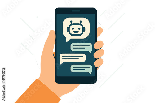 A chatbot and future marketing concept is depicted as a chatbot icon, with a hand holding a mobile phone displaying an automatic chatbot message screen against an abstract background