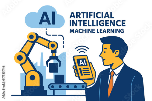 A businessman utilizes a smartphone to control a robot in a factory, leveraging innovative technology and machine learning for  management