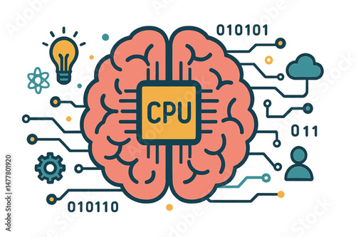 The concept of thinking is intertwined with a background that features brain CPU, Mind series technology, and symbols, all of which are a subject of computer science and