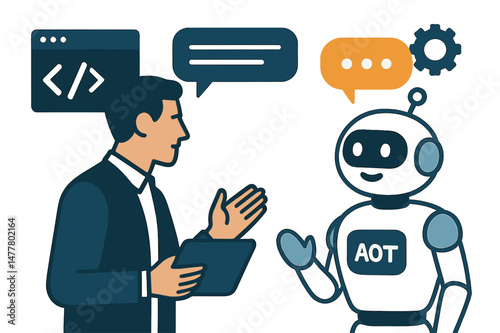 The concept involves ai chat digital technology, business communication, and the development of smart robot conversations, with bot  open for customers, where a command prompt chatbot generates