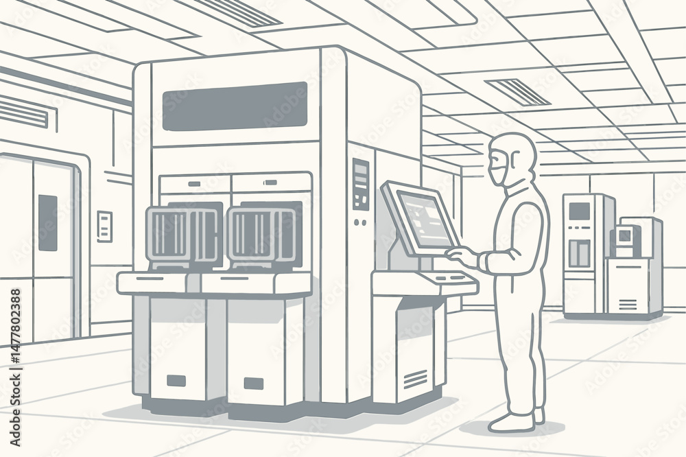 Interior of a white futuristic laboratory located in a semiconductor manufacturing factory Interior of a white futuristic laboratory located in a semiconductor manufacturing factory