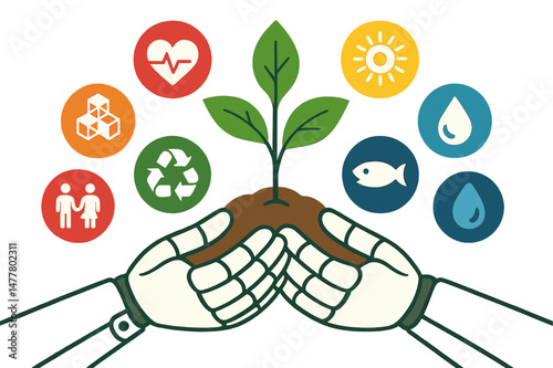 Robot hands are gently cradling a green plant, accompanied by digital icons symbolizing the SDGs, in a clean environment