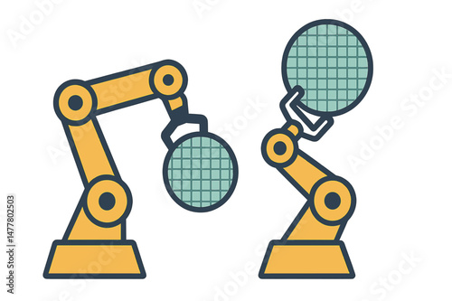 Robotic arms equipped with silicon wafers for the production of semiconductors