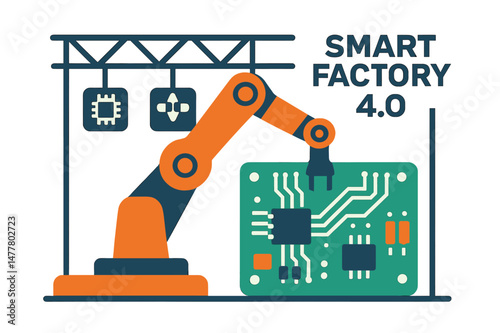 The concept of Smart factory 0 is represented by an automated robotic assembly of an electronic circuit board