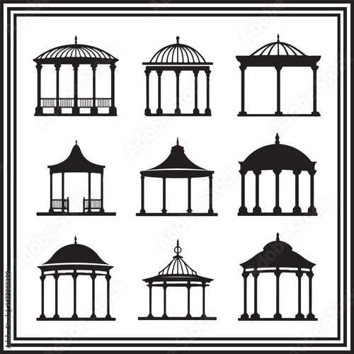 Gazebo Dome Silhouette Set – Islamic-Inspired Pavilion Vector Collection with Ribbed Roofs and Decorative Architecture