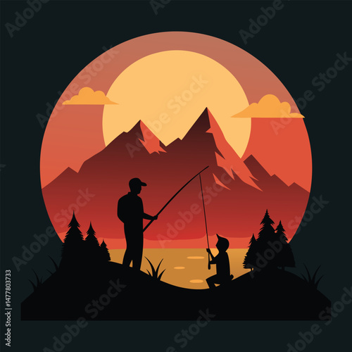 A man fishing in front of a mountain landscape with sunset