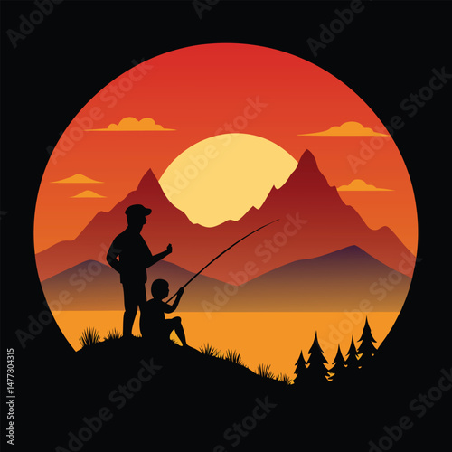 A man fishing in front of a mountain landscape with sunset