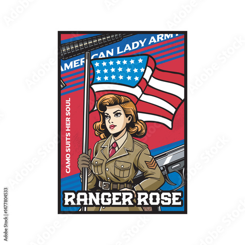 Vector Illustration of Woman Soldier with Flag in Retro Vector Illustration Available for Poster