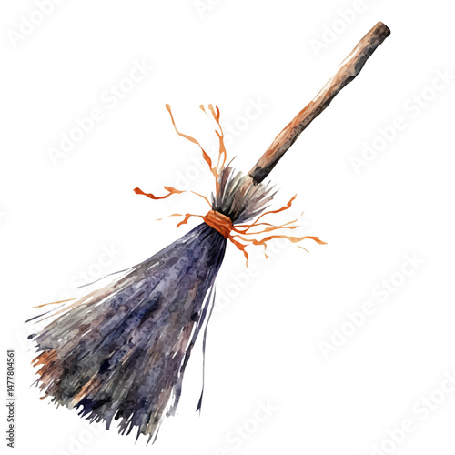 watercolor of Halloween Broomstick, isolated on a white background.