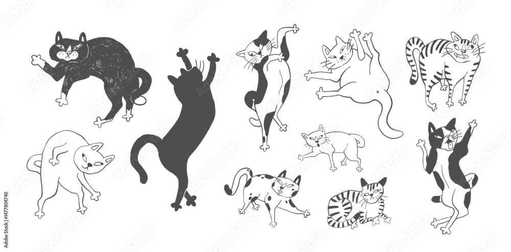 Naklejka premium Funny Cat Poses, Ugly Comic Hand Drawn Sketches