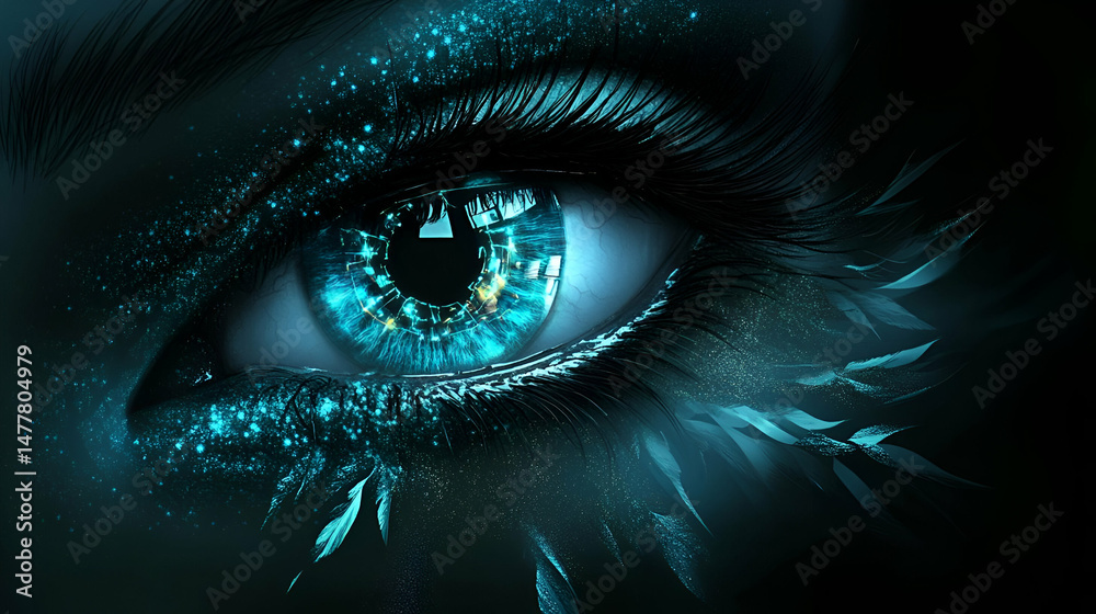 Fototapeta premium Close-up of a Glowing Blue Eye with Glitter and Intricate Details