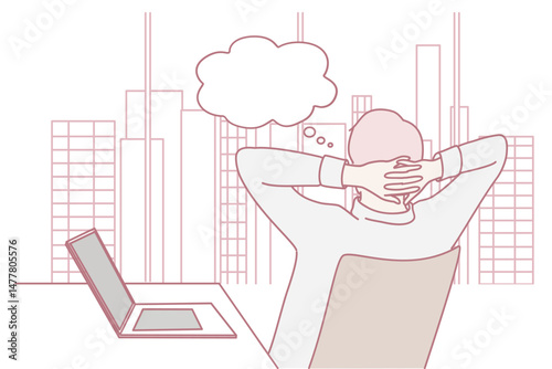 A person reflects peacefully in a bright office with a stunning city skyline, promoting relaxation and focus