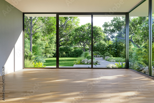 Fototapeta Naklejka Na Ścianę i Meble -  Modern contemporary style empty room with tropical green garden background 3d render