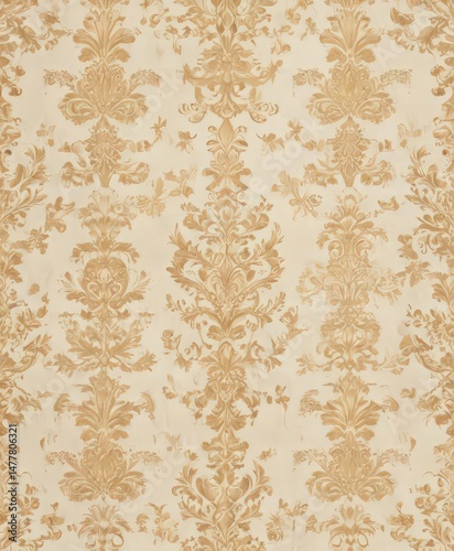Subtle gold damask on cream, classic elegance  Seamless repeat, ideal for wallpaper design ,  gold, damask