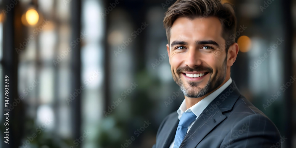 Photogenic male real estate agent in office setting wearing suit and smiling confidently at client Photogenic male real estate agent in office setting wearing suit and smiling confidently at client