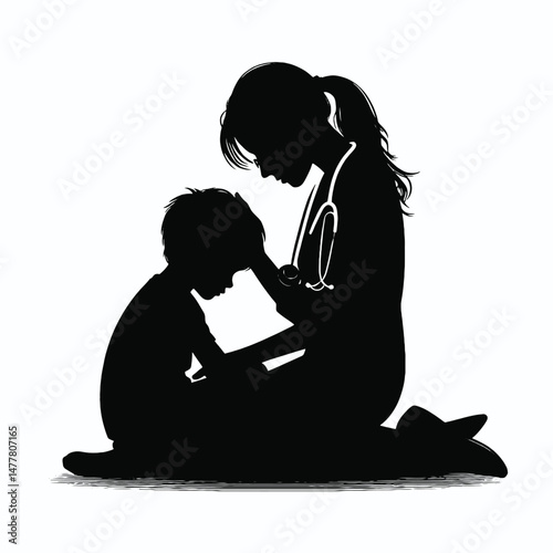 black silhouette of a female doctor comforting a sick child, sitting posture, white background