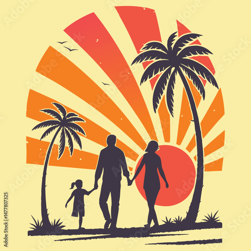 Father and Son Silhouette Under Palm Trees with Retro Sunset t shirt design 