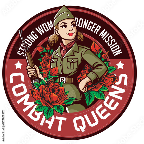 Vector Illustration of Woman Soldier with Gun in Retro Vector Illustration Available for Tshirt Design