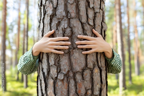 Embracing the Earth: Hands gently enfolding a majestic tree trunk, a poignant symbol of environmentalism and love for nature. This image of human connection with the natural world. photo