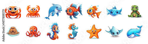 Adorable cartoon vector illustrations of sea animals including crabs, dolphin, fish, rays, turtle, walrus, octopus, seahorses, starfish, and whale. Perfect for kids' projects. vector set
