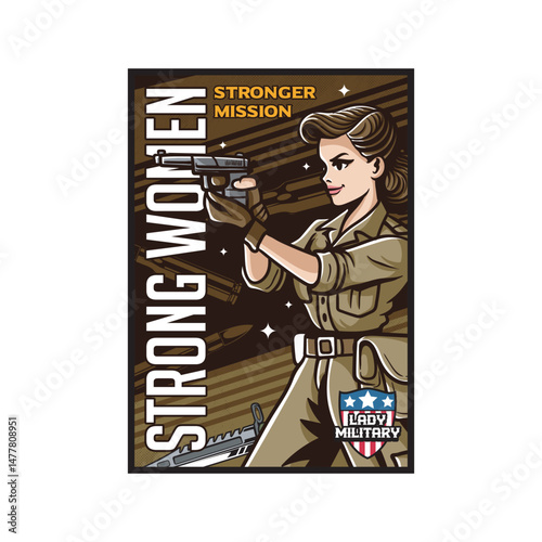 Vector Illustration of Woman Soldier with Gun in Retro Vector Illustration Available for Poster