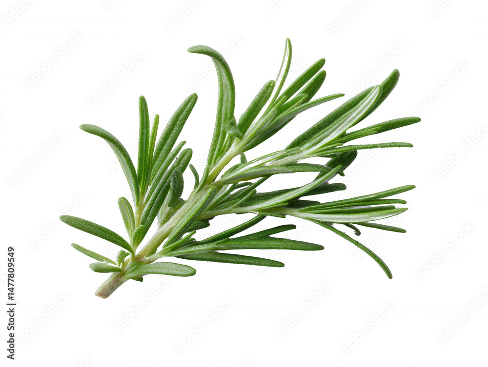 Obraz premium Fresh Rosemary Sprig Isolated on White with Vibrant Green Leaves for Culinary and Herbal Use