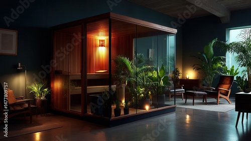 Peaceful modern sauna room with tropical plants in dark interior