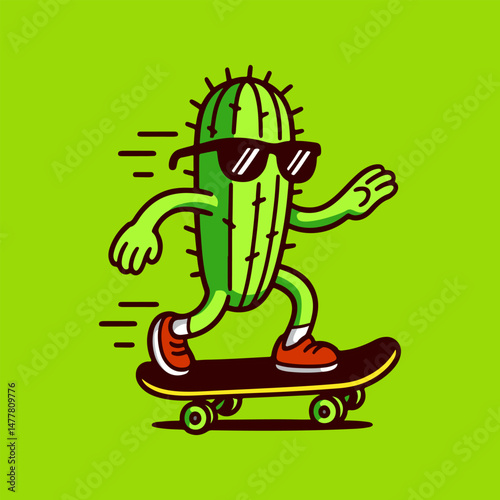 Funny and creative cartoon illustration of a cactus character skateboarding.