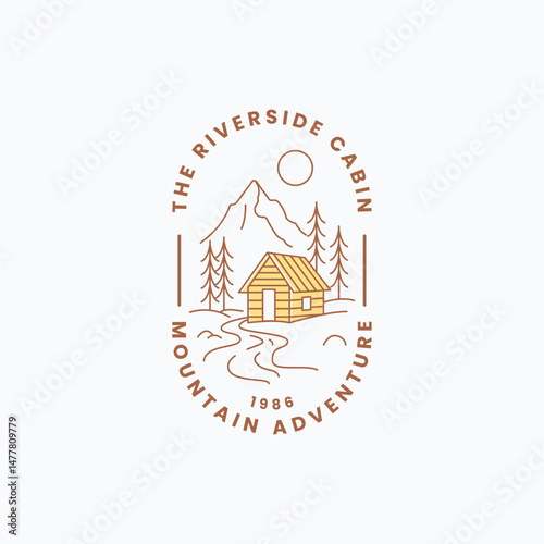 Vintage riverside cabin mountain adventure logo vector illustration design. Simple retro adventure logo concept.