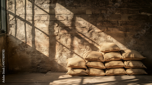 Rustic warehouse with stacked burlap bags and sunlit brick wall