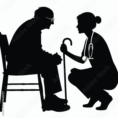 vector silhouette of a doctor talking to an elderly patient with a cane, compassionate body language, white background 