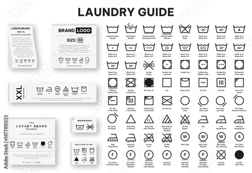 Laundry guide. Laundry label collection with care symbols and washing instructions. Laundry care tags with washing, drying, bleaching, ironing, and cleaning information. Vector