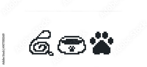 Pixel art pet icons spiral toy, food bowl, paw print symbols in black and white vector icon illustration