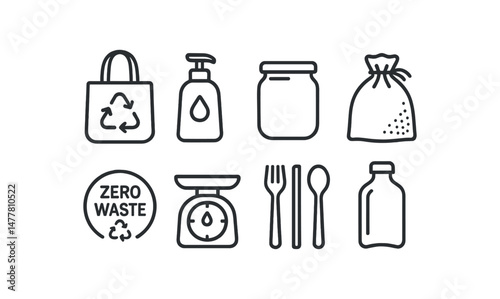 Zero waste icons reusable bag, soap, jar, compost bag, scale, cutlery, bottle vector icon illustration