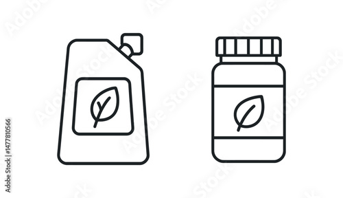 Eco-friendly packaging design with leaf symbol on bottle and jar vector icon illustration