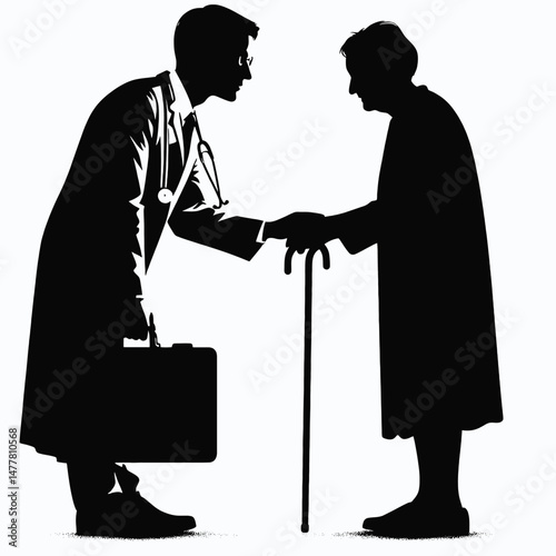 vector silhouette of a doctor talking to an elderly patient with a cane, compassionate body language, white background 