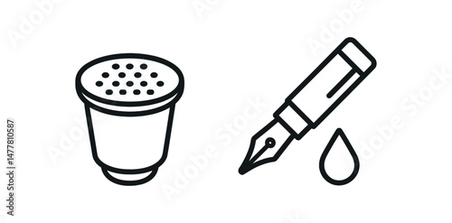 Coffee capsule and fountain pen line art icons vector icon illustration