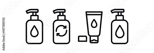 Line icons of refillable soap dispenser and tube with liquid recycling symbols vector icon illustration