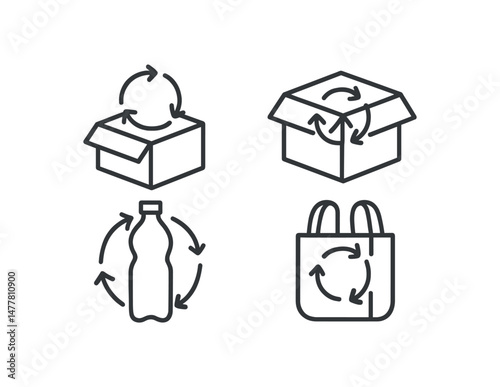 Recycling symbols for cardboard box, plastic bottle, and tote bag vector icon illustration