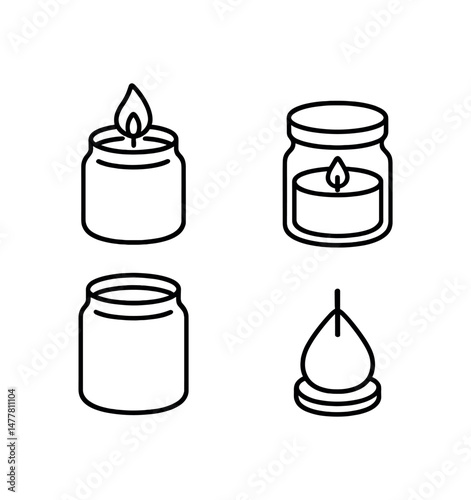 Minimalistic outline icons of candles in jars and holders vector icon illustration
