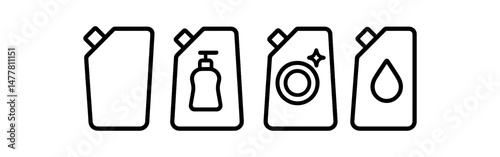 Soap bottle and cleaning symbols in minimalist line art vector icon illustration